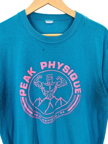 Vintage 80's Peak Physique Weightlifting Bodybuilding Neon Distressed T-Shirt L - Picture 2 of 7