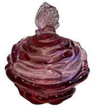 Vintage FENTON Rose Pink Cabbage Leaf Butterfly Top Covered Dish Vanity Jar.