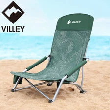 VILLEY High Back Folding Beach Chair Low Beach Chair Cup Holder Carry Bag Green