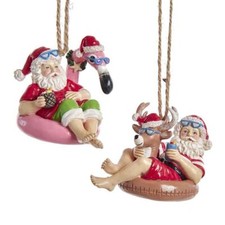 Set of 2 Beach Santa Sitting On Float Ornaments E0535 w