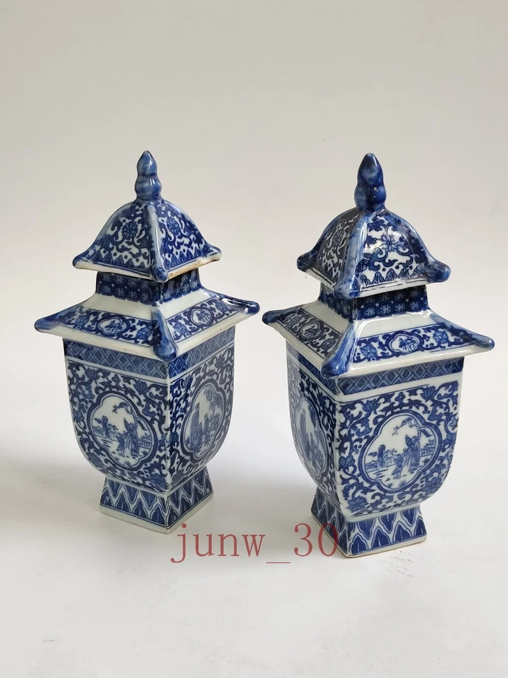 Antiguo tarro de porcelana azul y blanco pagoda en la antigua China 2 piezas Foto 4 de 4