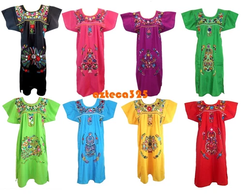 ANY COLOR Mexican Puebla Dress Embroidered FLORAL Fiesta Dress S M L XL 2X 3X