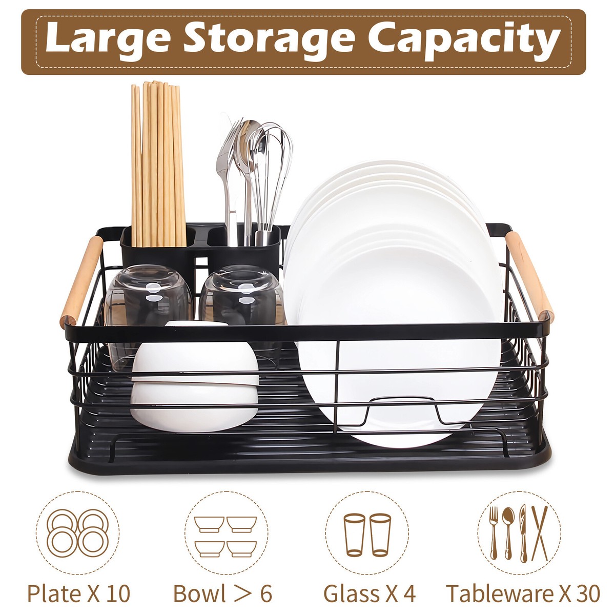 43cm Kitchen Dish Drainer Large Drying Rack Removable Drip Tray Cutlery  Holder
