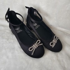 Vince Camuto Black Dress Shoe Girls Youth Size 2 Ankle Strap Silver Bows Heel