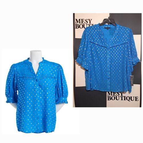 Zac&Rachel Plus Womens Top Blouse Button Down Polka Dop Print Silver Sz 2X