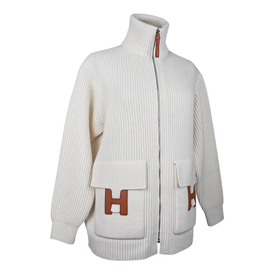 Hermes H Pocket Logo Blanc Zip Up Zipper Cardigan Sweater Wool