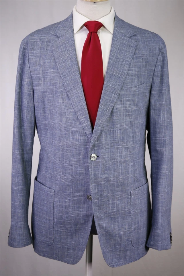 Hugo Boss Mens Blue Plaid Wool Cotton Linen Patch Pocket Slim Fit Suit 46R - Image 2 of 4