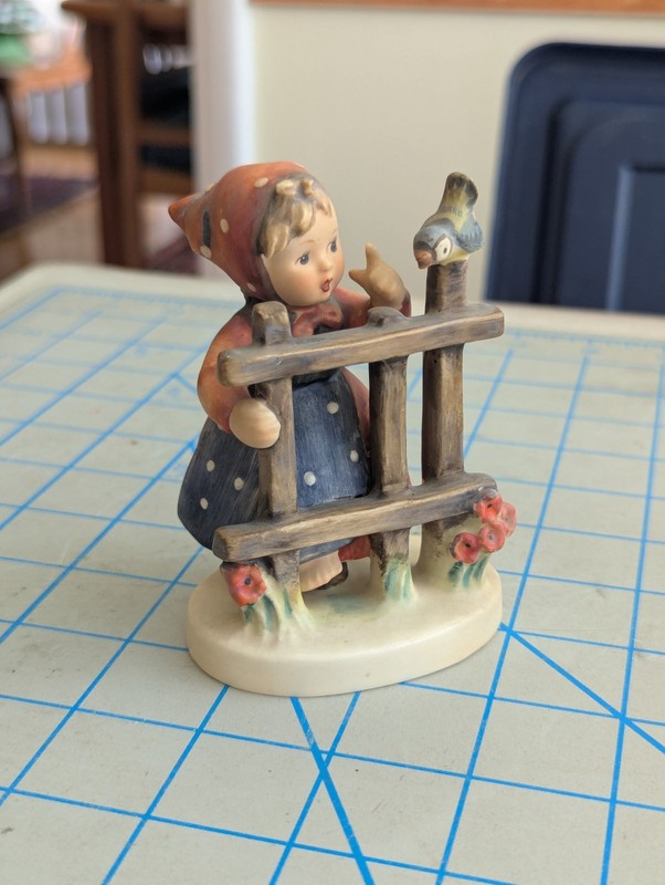 Hummel Goebel W. Germany #203 2/0 “Signs Of Spring” Girl Fence Bird dated 1948??