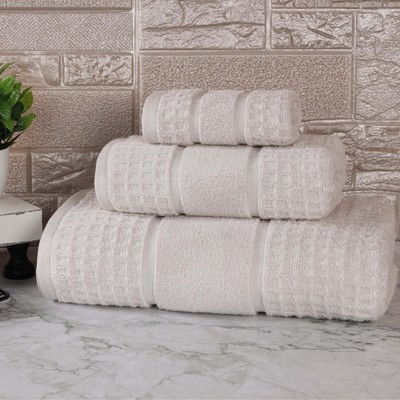 Cotton 3-Piece Towel Set, Zero Twist, Waffle Border, Bathroom Essentials, Sho...