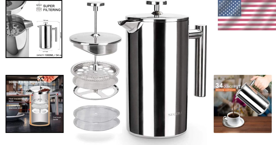 Cafetera de prensa francesa de lujo - 34 oz aislada 304 acero inoxidable, plateada Foto 2 de 4