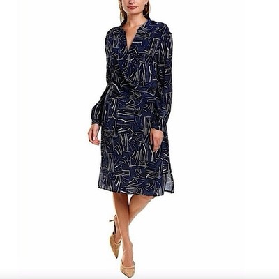 St. John Collection 100% silk artistic long sleeve dress Medium blue abstract
