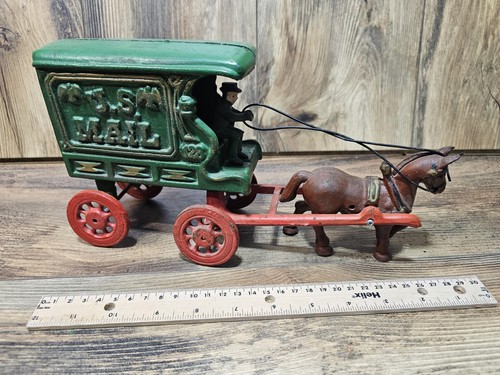Vintage Full Cast Iron US Mail Horse and Carriage With Driver - Picture 1 of 8