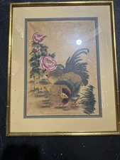 Chinese Painting Framed Wall Art Rooster Peony Floral Scene Asian Decor 26x 21”