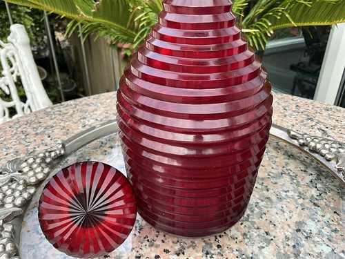 👀RARE ANTIQUE RUBY Mid Victorian BRISTOL FULLY STEP CUT GLASS DECANTER MINT 10” - Picture 10 of 24