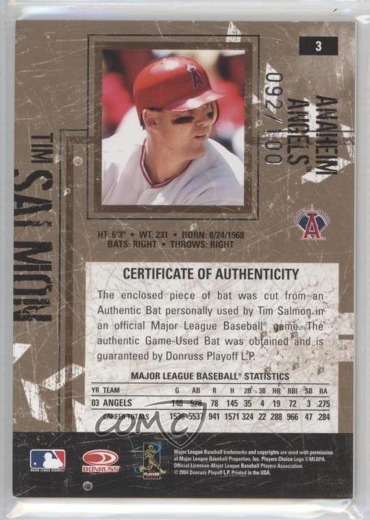 2004 Donruss Leather & Lumber Materials Bat /100 Tim Salmon #3 - Image 2 of 2