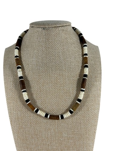 Surfer Wood Puka Shell Beaded Necklace Black Cream Tropical Beach Unisex