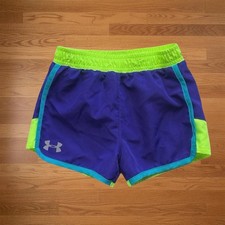 Under Armour Girls Running Shorts Neon Green Purple Colorblock Teal Stripe Sz 6