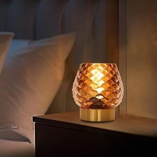Small Table Lamp with Timer - Cordless Battery Operated with LED Bulb - Glass...
