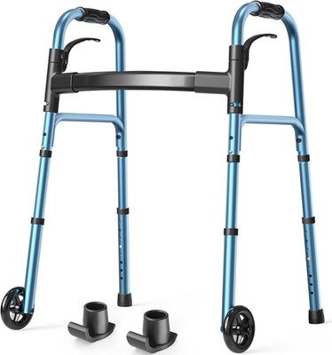 Lightweight Folding Walker for Seniors with Wheels, Adjustable Height, Blue