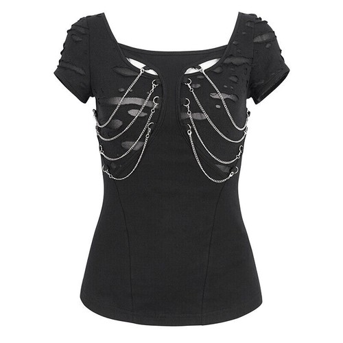 DEVIL FASHION Mujer Punk Rock Gótico Steampunk Negro Manga Corta Camiseta Top - Imagen 15 de 21