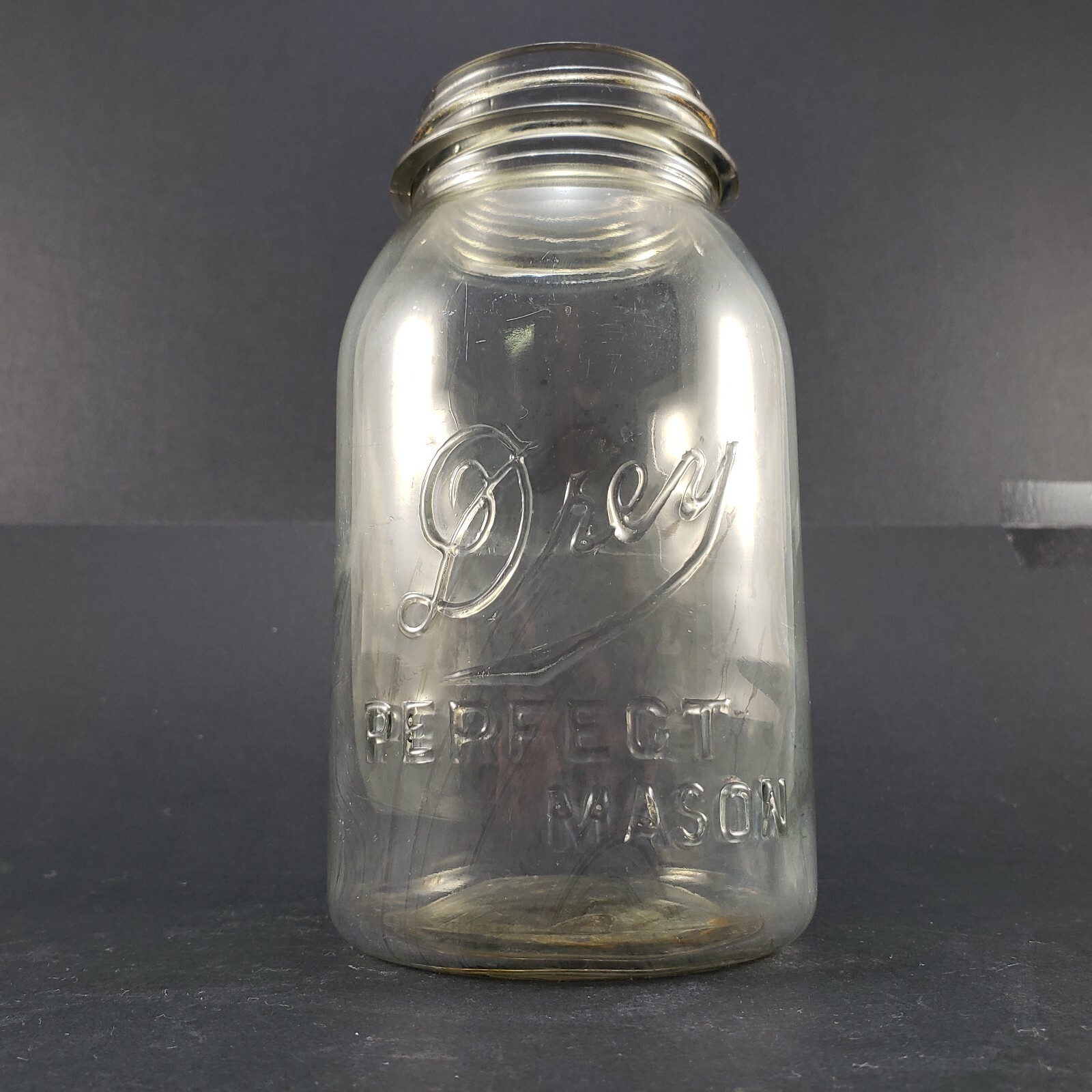 Drey Perfect Mason Canning Fruit Jar Antique Clear Gray Glass Quart