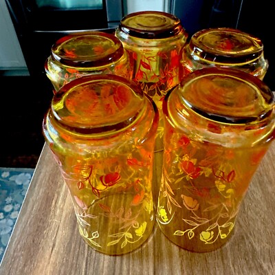 Drinking Glasses Tumblers Amber Floral Ombré Vintage MCM Drinking Glasses Tumblers Amber Floral Ombré Vintage MCM