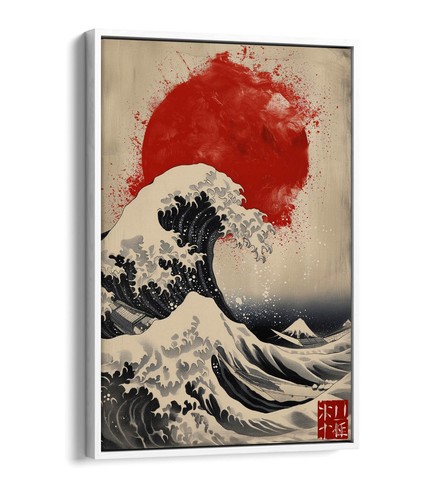 HOKUSAI STYLE WAVE WITH RED SUN BEDROOM DECOR FLOAT EFFECT CANVAS ART PRINT - Picture 11 of 12