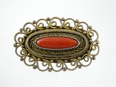 Israel Sterling Silver Oval Gold Gilt Red Coral Brooch Pin  display picture 2