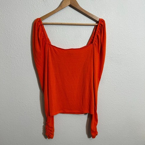 Top Something Azul Marino Cuello Cuadrado M Naranja Mangas Largas Acanaladas Tejido Elástico - Imagen 2 de 7