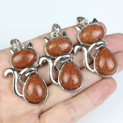 3pcs/lot Gold Sand Stone Kitty Cat Pendant Bead Chakra Reiki Healing Amulet