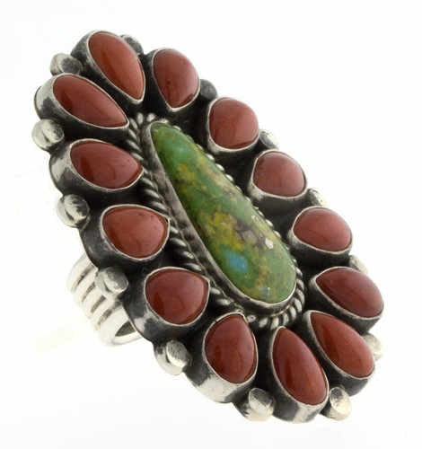 8 - Sonoran Gold Turquoise & Coral Cluster Ring By Navajo Artist Tyler Brown - Picture 2 of 4