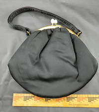 Black With Pearl Looking Closure Vintage Evening Purse Handbag Clutch Gold Trim
