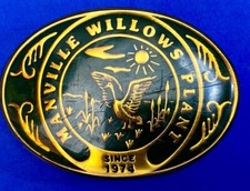 Vtg. 1985 Manville Willows Plant, Ca Since 1974 Brass Belt Buckle - Accorties