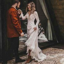 Bohemian Beach Lace Wedding Dresses Bridal Gowns V-Neck Fashion Sweep Train
