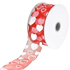 1.5" Flock Heart Organza Wired Edge Ribbon Love Valentine 25 Yard Roll Red Or...
