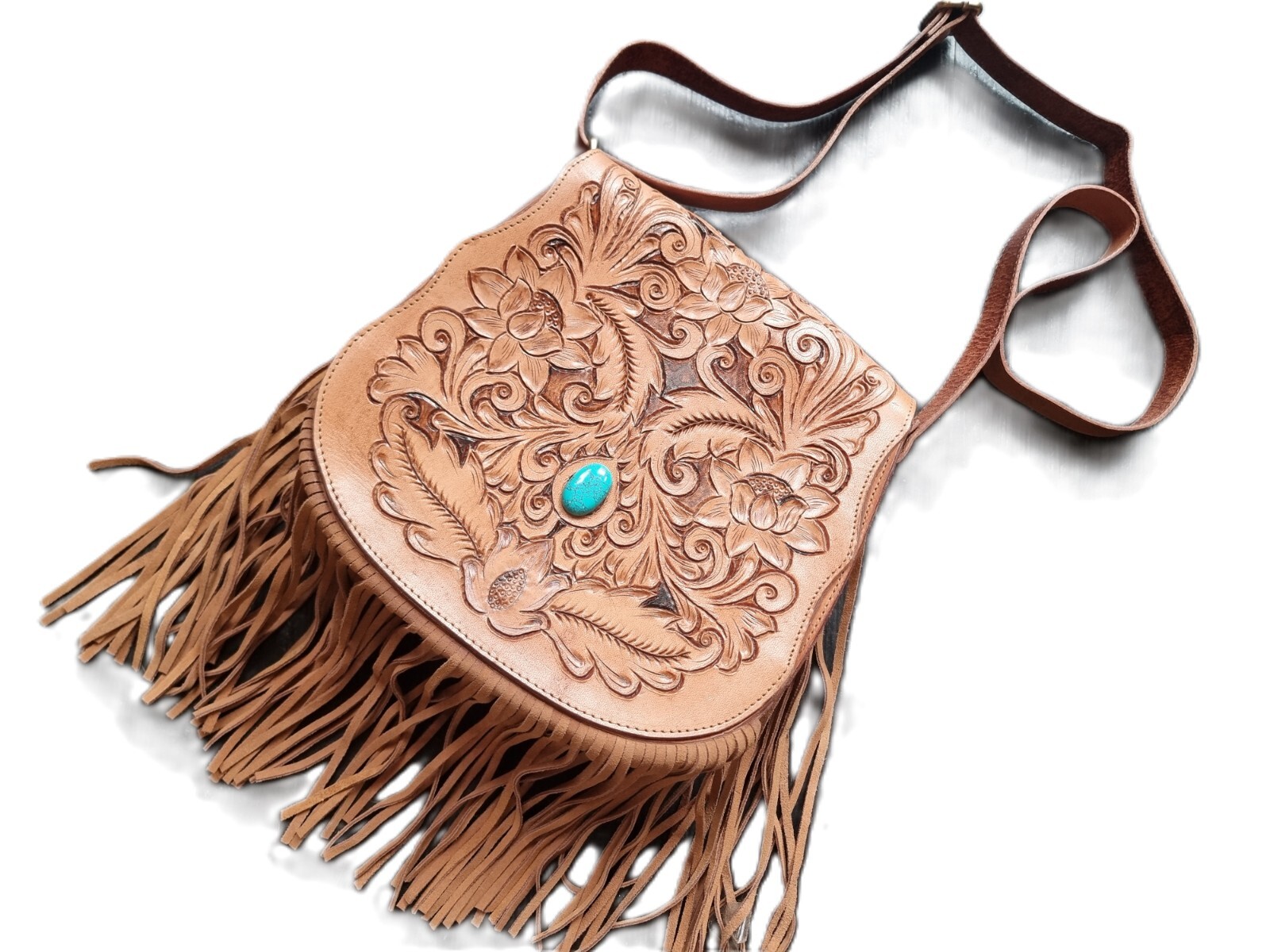 BOLSO DE CUERO CON FLECOS HIPPIE HECHO A MANO Borla boho Western vintage Festival
