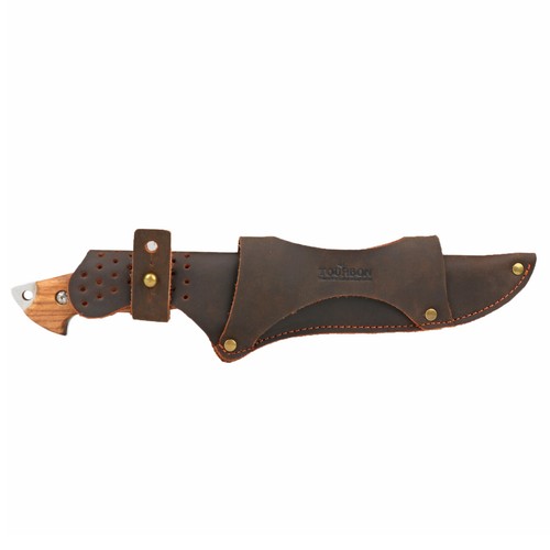 TOURBON Camping Fixed Blade Sheath Leather Knife Pouch w/ Fire Starter Slot - Picture 3 of 21