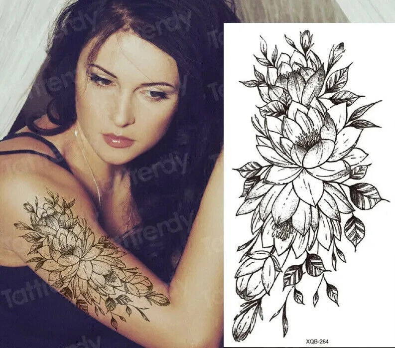 Large Flower Design, Half Sleeve Temporary Tattoo Fake Women Arm Leg Thigh Back