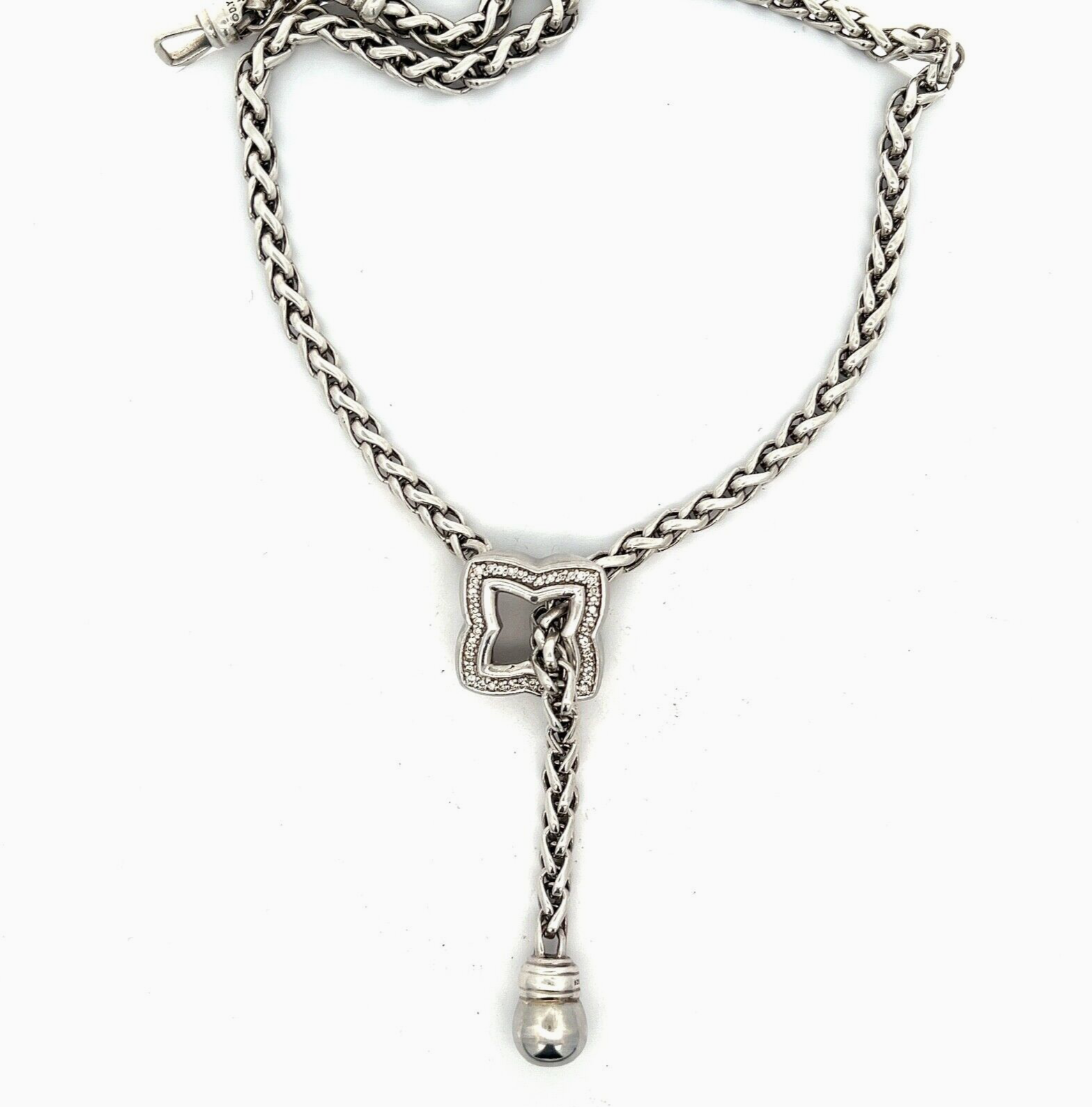 DAVID YURMAN STERLING SILVER QUATREFOIL WHEAT CHAIN NECKLACE LARIAT w