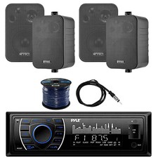 Pyle Stereo w/Enrock 4" 30W In/Out Door Speakers, Antenna Marine Speaker Wire