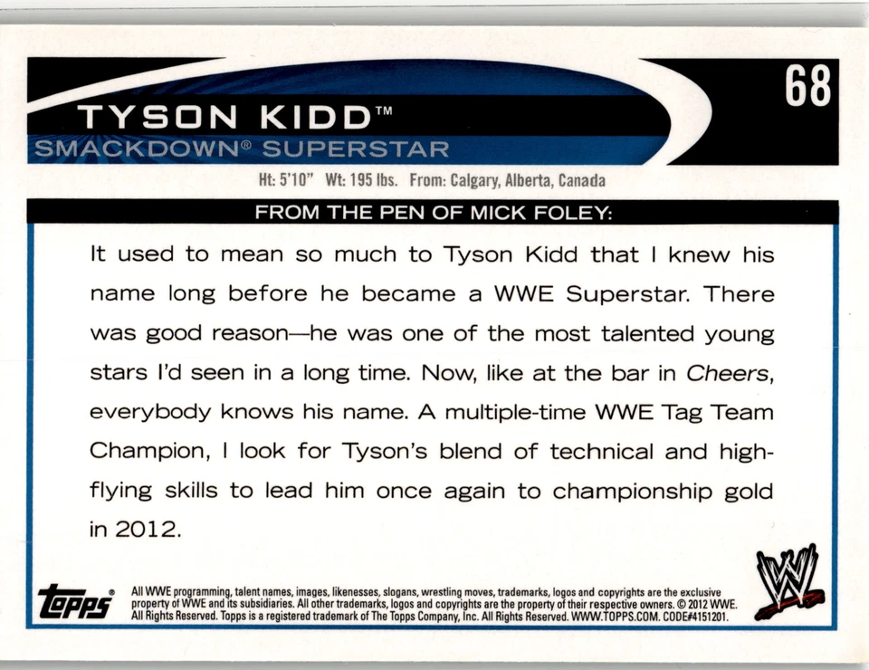 2012 Topps WWE #68 Tyson Kidd Blue - Image 2 of 2