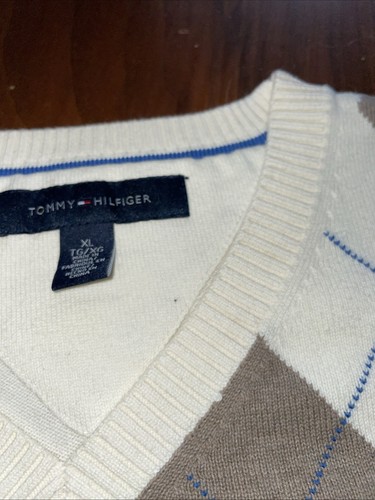 Tommy Hilfiger V-Neck Argyle Pullover 100% Baumwolle Creme & Braun Herren Gr. XL - Bild 4 von 11