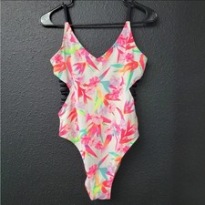 PINK Victoria s Secret One Piece Swimsuit Large Tropical Floral Strappy Cutout