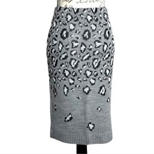 Express Grey Leopard Animal Print Knit Midi Sweater Pencil Skirt L Made in USA