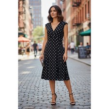 Ralph Lauren Dress 6 Black Polka Dot V-Neck Sleeveless Fit Flare A-Line Chic