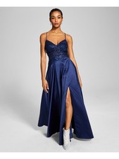 BLONDIE NITES Womens Navy Up Back Padded Slit Formal Dress 3