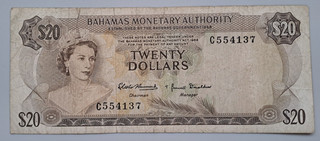 Bahamas 20 dollars 1968 tear repair but rare see other sales