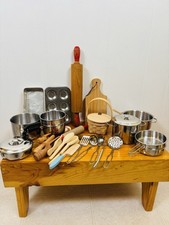 30 Piece Lot Childs Toy Metal Pots Pans Utensils Play Set Kitchen Cookware