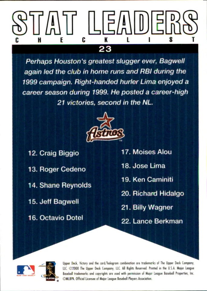 Jeff Bagwell / Jose Lima SL, CL 2000 Upper Deck Victory #23 Astros FREE SHIP - Image 2 of 2
