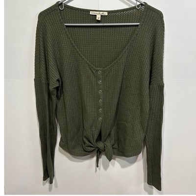 Express One Eleven Waffle Knit Top Womens Medium Olive Green Tie Front Boho